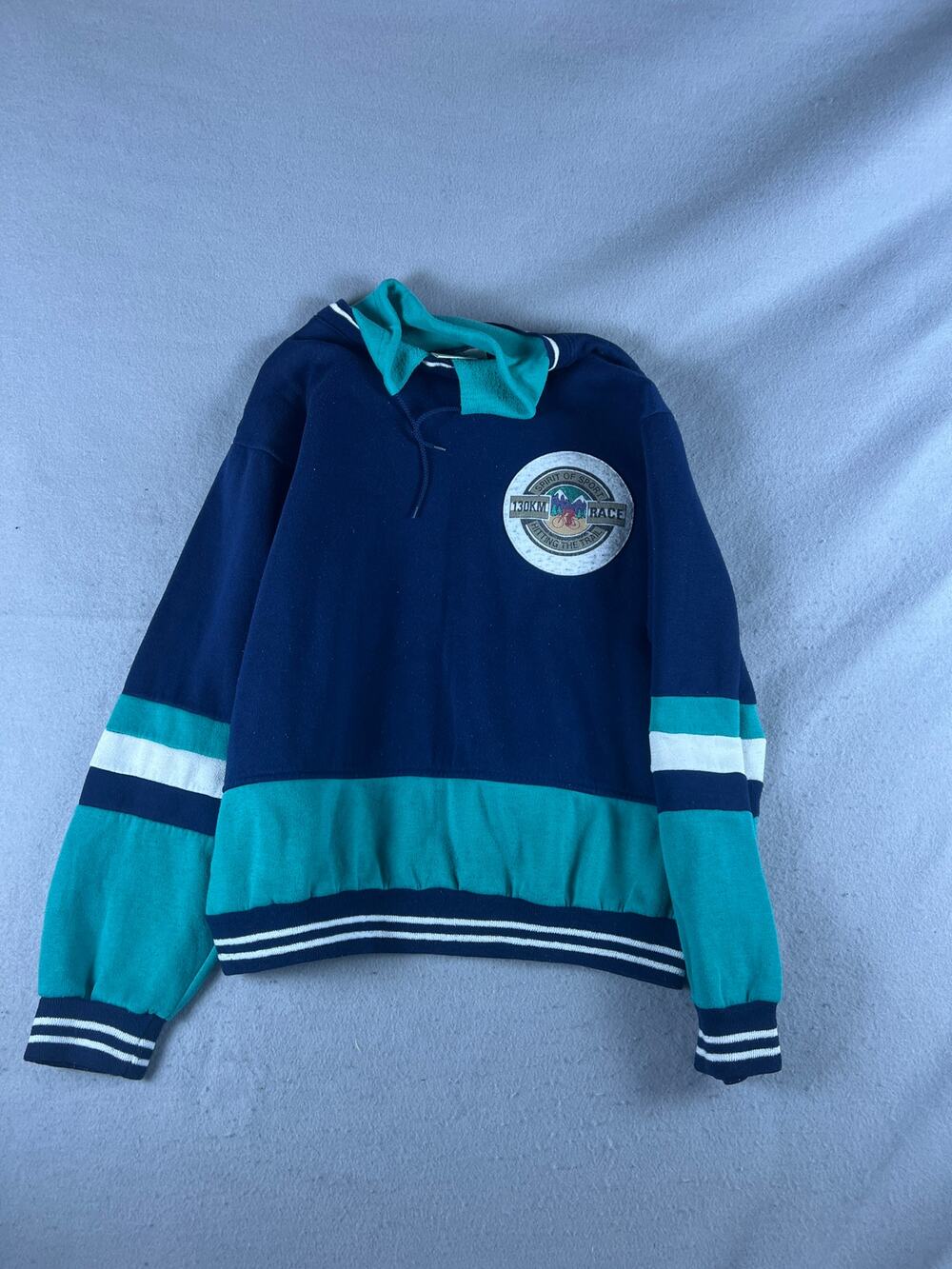 Vintage MacGregor Sweatshirt Mens L Blue Teal 130KM Race Spirit of Sport Patch